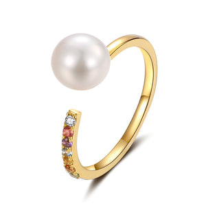 18K Yellow Gold Ring With 7-7.5 Akoya Pearl And Semi-Precious Stones - Woment Designer Jewelry